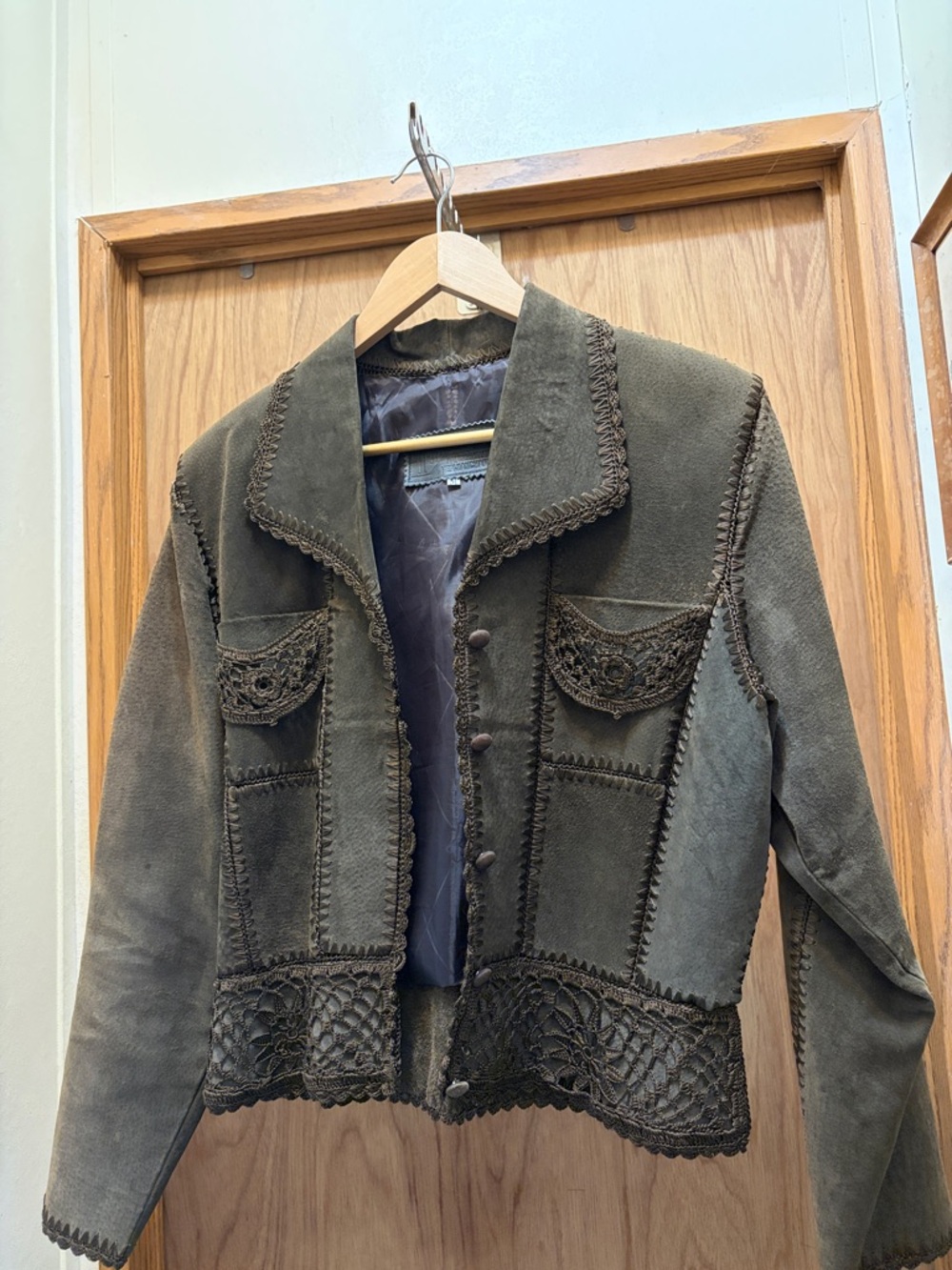 Women’s Olive Suede Crochet Trim Jacket “ Rare “